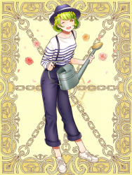 Rule 34 | 1girl, ;d, black pants, flower, green hair, hair flower, hair ornament, hat, kerberos blade, looking at viewer, maruyama hari, one eye closed, open mouth, pants, petals, shirt, shoes, short hair, simple background, smile, sneakers, standing, striped clothes, striped shirt, suspenders, watering can, white footwear, yellow background