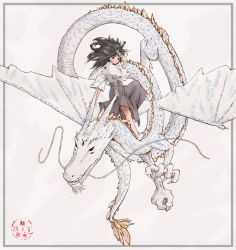 Rule 34 | 1girl, black hair, brown eyes, dragon, eastern dragon, highres, iro (waterloafer), japanese clothes, long hair, md5 mismatch, miko, original, resolution mismatch, sandals, skirt, smile, solo, source larger, tabi, tabi socks, torn clothes, white background, white theme