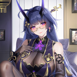 Rule 34 | 1girl, ahoge, bare shoulders, blush, breasts, china dress, chinese clothes, cleavage, closed mouth, dress, earrings, elbow gloves, eyebrows hidden by hair, eyes visible through hair, glasses, gloves, hair intakes, hair ornament, head tilt, honkai (series), honkai impact 3rd, horns, indoors, jewelry, large breasts, lips, lipstick, long hair, looking at viewer, makeup, nail polish, neck, paid reward available, purple dress, purple eyes, purple hair, purple nails, raiden mei, raiden mei (herrscher of thunder), red lips, see-through, semi-rimless eyewear, sleeveless, sleeveless dress, smile, solo, upper body, wu ganlan cai, yellow-framed eyewear