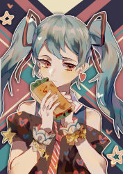 Rule 34 | 1girl, black dress, blue hair, closed mouth, commentary, dress, food, hands up, hatsune miku, heart, highres, holding, holding food, lobelia (saclia), long hair, looking at viewer, necktie, off-shoulder dress, off shoulder, red eyes, red necktie, sandwich, solo, striped necktie, twintails, upper body, vocaloid, wrist cuffs