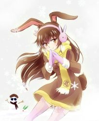 Rule 34 | 2girls, animal ears, beret, brown eyes, brown hair, rabbit ears, rabbit tail, coat, coco adel, commentary request, earmuffs, hat, highres, iesupa, mittens, multiple girls, rabbit girl, rwby, scarf, snowman, sunglasses, tail, velvet scarlatina