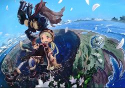 Rule 34 | 1boy, 1girl, absurdres, blonde hair, blue eyes, blush, brown hair, day, feathers, flower, flying, glasses, gloves, hat, highres, island, long hair, looking at another, made in abyss, official art, open mouth, outdoors, petals, regu (made in abyss), riko (made in abyss), scan, short hair, sky, smile, star compass, tsukushi akihito, twintails, whistle, whistle around neck, yellow eyes