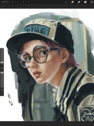 Rule 34 | 1boy, art program in frame, baseball cap, clothes writing, koby (one piece), commentary request, glasses, hat, highres, live action, looking at viewer, male focus, marine uniform (one piece), one piece, one piece (live action), painterly, pink hair, procreate (medium), procreate (software), realistic, round eyewear, short hair, solo, unfinished, upper body, urasanmyaku