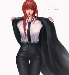 Rule 34 | 1girl, artist name, black necktie, black pants, braid, braided ponytail, chainsaw man, collared shirt, commentary, english commentary, formal, highres, long coat, long hair, long sleeves, looking at viewer, makima (chainsaw man), necktie, pants, red hair, riaxart, ringed eyes, shirt, smile, solo, white background, white shirt, yellow eyes