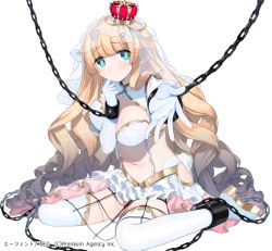 Rule 34 | 1girl, agent 7, bad id, bad pixiv id, bdsm, blonde hair, blue eyes, bondage, bound, breasts, chain, chained, cuffs, donacoo, frilled skirt, frills, large breasts, long hair, looking at viewer, official art, original, reaching, simple background, sitting, skirt, solo, veil, very long hair, white background, yuuhi homare