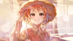 Rule 34 | 1girl, chyoling, classroom, hand on headwear, hat, hungry days, indoors, nami (one piece), one piece, orange eyes, orange hair, school uniform, short hair, smile, solo, straw hat, sweater, sweater vest, tearing up