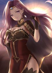 Rule 34 | 1girl, breasts, cape, circlet, cleavage, earrings, fire emblem, fire emblem echoes: shadows of valentia, hair ornament, highres, jewelry, large breasts, long hair, looking at viewer, nintendo, purple eyes, solo, sonya (fire emblem gaiden), sphere garden, sun, thighs, turtleneck, upper body