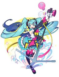 Rule 34 | 1girl, 39, balloon, black sailor collar, black thighhighs, blue eyes, blue hair, blue ribbon, circle, cloud, cloud background, cube, curly hair, detached sleeves, dress, frilled dress, frills, happy, hatsune miku, highres, holding, holding microphone stand, iwato1712, long hair, looking at viewer, magical mirai (vocaloid), magical mirai miku, magical mirai miku (2018), megaphone, microphone stand, multicolored background, open mouth, outstretched arms, pink ribbon, platform footwear, polka dot, polka dot background, ribbon, round teeth, sailor collar, see-through, short dress, sidelocks, simple background, sleeveless, sleeveless dress, smile, solo, sparkle, sparkle background, standing, standing on one leg, striped clothes, striped thighhighs, teeth, thighhighs, twintails, upper teeth only, very long hair, vocaloid, white background, white ribbon, yellow background