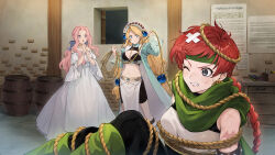 Rule 34 | 3girls, angry, aqua eyes, artist request, atelier (series), atelier marie, barrel, bdsm, blonde hair, breasts, character request, dress, highres, large breasts, marie (atelier), multiple girls, natalie kohdelia, one eye closed, pink hair, red hair, scar, scar on face, source request, tecmo, window