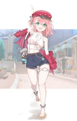 Rule 34 | 1girl, absurdres, alternate costume, bare shoulders, blue shorts, breasts, cabbie hat, camera, charlotte (genshin impact), crop top, cropped shirt, full body, genshin impact, green eyes, hat, heejee owo, highres, jacket, jacket partially removed, long sleeves, looking at viewer, monocle, open mouth, pink hair, red hat, red jacket, red sleeves, sandals, shirt, short hair, shorts, sleeveless, sleeveless shirt, smile, solo, vision (genshin impact)