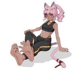 1girl absurdres animal_ears bandaged_tail bandages bare_arms bare_legs bare_shoulders barefoot black_nails blunt_bangs blush cat_ears cat_girl cat_tail choker circlet colored_tips commission commissioner_upload crop_top dark-skinned_female dark_skin egyptian egyptian_art er_ling_balu feet fingernails foot_focus foreshortening glasses gold gold_choker gold_hairband gold_nails gold_necklace hairband high_ponytail highres indie_virtual_youtuber isuress_(vtuber) jewelry legs long_hair looking_at_viewer lying midriff multicolored_hair multiple_rings nail_polish navel necklace no_shoes on_floor on_side open_mouth pink_eyes pink_hair pink_tail pointy_ears ponytail presenting_foot ring ringed_eyes round_eyewear sharp_fingernails sharp_toenails simple_background sitting sleeveless smug soles solo sports_bra sportswear spread_toes stomach tail tail_ornament tiara toe_ring toe_scrunch toenail_polish toenails toes two-tone_nails virtual_youtuber white_background workout_clothes yellow-framed_eyewear