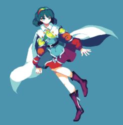 Rule 34 | 1girl, 4qw5, blue background, blue eyes, blue hair, cape, closed mouth, full body, hairband, long sleeves, looking at viewer, lowres, multicolored clothes, multicolored hairband, patchwork clothes, pixel art, purple footwear, short hair, simple background, smile, solo, tenkyuu chimata, touhou, white cape, zipper