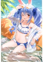 Rule 34 | 1girl, absurdres, animal ears, bare shoulders, barefoot, bikini, blue hair, bow, collarbone, day, don-chan (usada pekora), eyewear on head, fingernails, flat chest, frilled bikini, frills, hair bow, highres, hololive, jacket, long hair, looking at viewer, multicolored hair, navel, one eye closed, open clothes, open jacket, open mouth, orange hair, outdoors, page number, partially submerged, rabbit tail, scan, see-through, shiny skin, simple background, sitting, smile, stomach, sunglasses, swimsuit, tail, toes, twintails, two-tone hair, usada pekora, virtual youtuber, water, wet, wet clothes, white hair, yuuki hagure