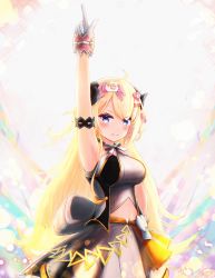 Rule 34 | 1girl, absurdres, ahoge, alternate costume, animal ears, arm strap, armlet, armpits, belt, blonde hair, blue eyes, blush, bow skirt, breasts, clothing cutout, commentary request, gloves, hair ornament, hairclip, halterneck, halterneck, highres, hololive, hololive idol uniform, horns, idol, idol clothes, large breasts, long hair, looking at viewer, midriff, miniskirt, navel, navel cutout, pointing, pointing up, sarasuty, sheep ears, sheep girl, sheep hair ornament, sheep horns, skirt, sleeveless, smile, solo, tsunomaki watame, v-shaped eyebrows, very long hair, vest, virtual youtuber, white gloves, white skirt