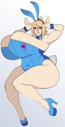 Rule 34 | 1girl, bare shoulders, blonde hair, blue eyes, blue footwear, blush, breasts, covered navel, female focus, grey background, high heels, highres, huge breasts, jumping, legs, leotard, looking at viewer, metroid, navel, nintendo, playboy bunny, plump, ponytail, rabbit ears, rabbit tail, samus aran, solo, strapless, strapless leotard, strongmoist, thick thighs, thighs, wide hips