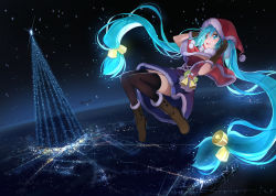 Rule 34 | 1girl, :d, alternate costume, beek, bell, black thighhighs, blue hair, blush, boots, brown footwear, brown gloves, capelet, christmas, christmas lights, christmas tree, city, cross-laced clothes, floating, floating hair, from above, fur trim, gloves, glowing, glowing hair, hair bell, hair ornament, hands on own head, hat, hatsune miku, highres, holly, long hair, low-tied long hair, mistletoe, night, night sky, open mouth, outdoors, pom pom (clothes), red hat, santa claus, santa costume, santa hat, skirt, sky, sled, smile, snowing, solo, star (symbol), thighhighs, twintails, upskirt, very long hair, vocaloid, zettai ryouiki