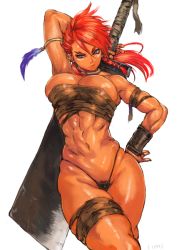 Rule 34 | 1girl, abs, arm behind head, armlet, armpits, babel (shu-mai), blue eyes, bracer, braid, breasts, budget sarashi, cleavage, dark-skinned female, dark skin, ear piercing, fantasy, feathers, female pubic hair, g-string, hand on own hip, hatchet, highleg, jewelry, large breasts, long hair, looking at viewer, muscular, muscular female, nata (tool), neck ring, original, piercing, pubic hair, pubic hair peek, pursed lips, red hair, sarashi, shu-mai, simple background, solo, swept bangs, tan, thigh strap, thighs, thong, tomboy, v-shaped eyebrows, warrior, weapon, weapon on back, white background