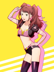 Rule 34 | 1girl, atlus, belt, denim, denim shorts, earrings, elbow gloves, fingerless gloves, gloves, hand on own hip, hip focus, jewelry, kujikawa rise, long hair, navel, persona, persona 4, race queen, short shorts, shorts, solo, thighhighs, twintails, ueyama michirou