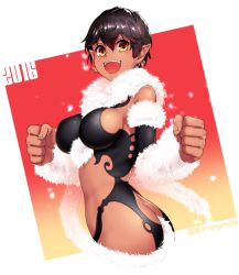 Rule 34 | 10s, 1girl, 2016, :d, ass, bare shoulders, between breasts, black hair, breasts, butt crack, clenched hands, dark-skinned female, dark skin, dated, earrings, fangs, feather boa, female focus, gradient background, jewelry, ko-on (ningen zoo), large breasts, leotard, open mouth, original, pointy ears, short hair, sideboob, skin tight, smile, solo, white background, yellow eyes