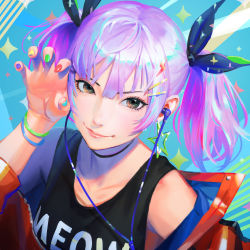 Rule 34 | 1girl, bare shoulders, black choker, black ribbon, blue background, brown eyes, choker, claw pose, closed mouth, clothes writing, earphones, hair ornament, hair ribbon, hairclip, hand up, highres, jacket, long hair, long sleeves, looking at viewer, multicolored nails, nababa, nail polish, off shoulder, open clothes, open jacket, orange jacket, original, pink lips, purple hair, ribbon, smile, solo, sparkle, tank top, twintails, upper body, v-shaped eyebrows, wristband