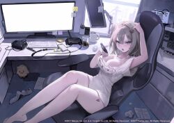 Rule 34 | 1girl, azur lane, barefoot, blue eyes, breasts, cleavage, computer, crumpled paper, freng, grey hair, hair bun, hair ornament, hairclip, highres, holding, indoors, jade (azur lane), keyboard (computer), large breasts, looking at viewer, mole, mole under eye, monitor, notepad, official art, open mouth, paper, shirt, short sleeves, single side bun, sitting, solo, stuffed animal, stuffed toy, t-shirt, white shirt