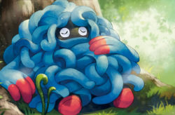 Rule 34 | creature, creatures (company), closed eyes, facing viewer, full body, game freak, gen 4 pokemon, grass, kodama (artist), nintendo, no humans, official art, pokemon, pokemon (creature), pokemon tcg, sitting, on ground, sleeping, solo, tangrowth, third-party source, tree