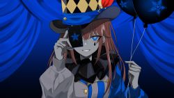 Rule 34 | 1girl, absurdres, asymmetrical sleeves, balloon, blue curtain, blue eyes, blue theme, brown hair, card, clown, colored skin, commentary request, curtains, envy baby (vocaloid), grey skin, hat, hat ornament, highres, holding, holding balloon, holding card, hololive, long hair, long sleeves, looking at viewer, mismatched sleeves, neck ruff, official art, puffy long sleeves, puffy sleeves, shirokumo 46, solo, stage, stage curtains, star (symbol), star hat ornament, teardrop facial mark, teeth, tokino sora, top hat, virtual youtuber, vocaloid
