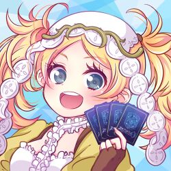 Rule 34 | 1girl, blonde hair, blue eyes, brown gloves, card, eyelashes, fingerless gloves, fire emblem, fire emblem awakening, fire emblem cipher, gloves, headdress, holding, holding card, lissa (fire emblem), looking at viewer, lowres, nintendo, open mouth, parted bangs, sakixxxpk, solo, teeth, trading card, twintails, upper body, upper teeth only, white headdress