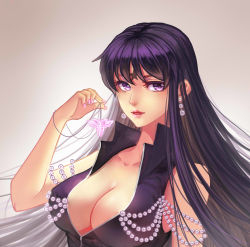 Rule 34 | 1990s (style), 1girl, bare shoulders, bishoujo senshi sailor moon, bishoujo senshi sailor moon s, black hair, breasts, cleavage, douyougen, earrings, facial mark, forehead mark, gem, holding, jewelry, lips, long hair, mistress 9, nail polish, necklace, open mouth, pearl (gemstone), purple eyes, purple hair, retro artstyle, simple background, sleeveless, solo, tomoe hotaru, upper body