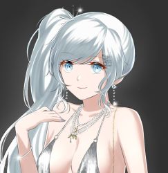Rule 34 | 1girl, artist request, azur lane, bare shoulders, black background, blue eyes, bracelet, breasts, collarbone, dress, earrings, formal, gradient background, grey background, headwear request, jewelry, long hair, looking at viewer, medium breasts, nail polish, neck, necklace, pale skin, ponytail, revealing clothes, rwby, side ponytail, silver nails, simple background, sleeveless, sleeveless dress, smile, very long hair, weiss schnee, white dress, white hair