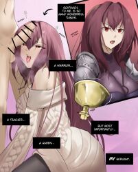 Rule 34 | 1boy, 1girl, bare shoulders, bodysuit, breasts, brown pantyhose, clothed female nude male, cum, english text, eroborne, facial, fate/grand order, fate (series), hair between eyes, heart, heart-shaped pupils, highres, jewelry, large breasts, long hair, long sleeves, mind control, necklace, nude, off-shoulder sweater, off shoulder, open mouth, pantyhose, penis, purple hair, red eyes, scathach (fate), sweater, symbol-shaped pupils, teeth, testicles, tongue, tongue out, upper teeth only, white sweater