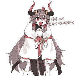 Rule 34 | 1girl, :d, black horns, breasts, cleavage, cropped legs, fang, grey hair, hair between eyes, hair ribbon, highres, horns, korean text, long hair, long sleeves, multicolored horns, nyong nyong, open mouth, original, pantyhose, pointy ears, red eyes, red horns, red ribbon, ribbon, simple background, sleeves past fingers, sleeves past wrists, smile, solo, two-tone horns, v-shaped eyebrows, very long hair, white background