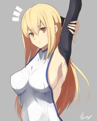Rule 34 | 10s, 1girl, aiz wallenstein, arm grab, arm up, armpits, artist name, black detached sleeves, blonde hair, bow, breasts, cleavage, cleavage cutout, closed mouth, clothing cutout, detached sleeves, dress, dungeon ni deai wo motomeru no wa machigatteiru darou ka, fami (yellow skies), female focus, grey background, hair between eyes, highres, large breasts, long hair, looking at viewer, neck, outstretched arm, serious, sideboob, signature, simple background, sleeveless, sleeveless dress, sleeveless turtleneck, solo, stretching, sword oratoria, turtleneck, upper body, white dress, yellow eyes