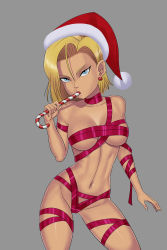 Rule 34 | 1girl, absurdres, android 18, blonde hair, blue eyes, bob cut, breasts, candy, candy cane, covering privates, covering crotch, covering nipples, dragon ball, dragonball z, earrings, food, functionally nude, fur trim, grey background, groin, hat, highres, jewelry, legs, legs apart, looking at viewer, medium breasts, navel, nude, santa hat, sexually suggestive, short hair, simple background, solo, standing, sunsetriders7, thighs