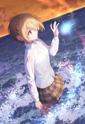 Rule 34 | 1girl, arm at side, bare legs, blonde hair, brown skirt, cloud, commentary request, hair ornament, hair over one eye, hairclip, hand up, heaven burns red, highres, horizon, jenevan, kayamori ruka, light particles, long sleeves, magic, ocean, outdoors, parted lips, partially submerged, plaid, plaid skirt, red eyes, school uniform, shirt, short hair, sidelocks, skirt, sky, solo, splashing, standing, water, wet, wet clothes, wet shirt, white shirt, yellow sky