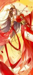 Rule 34 | 1girl, absurdres, black hair, bracelet, cai lin (doupo cangqiong), closed mouth, collar, detached sleeves, doupo cangqiong, dress, dutch angle, falling petals, gugu zhen de cai, hair ornament, highres, jewelry, long hair, metal collar, petals, red dress, red eyes, red nails, second-party source, solo, sun, thighlet, upper body