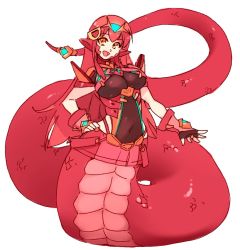 Rule 34 | 1girl, :d, armor, black gloves, breasts, cosplay, fingerless gloves, full body, gloves, hair between eyes, hair ornament, hairclip, hand on own hip, headpiece, lamia, large breasts, long hair, looking at viewer, miia (monster musume), monster girl, monster musume no iru nichijou, navel, neon trim, nintendo, open mouth, pointy ears, pyra (xenoblade), pyra (xenoblade) (cosplay), red hair, red shorts, rtil, scales, short shorts, short sleeves, shorts, signature, simple background, slit pupils, smile, solo, standing, tail, tail ornament, tiara, turtleneck, underbust, vambraces, white background, xenoblade chronicles (series), xenoblade chronicles 2, yellow eyes