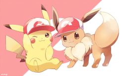 Rule 34 | :3, ;3, arm up, baseball cap, closed mouth, commentary, creatures (company), eevee, english commentary, full body, game freak, gen 1 pokemon, hand on headwear, hat, looking at viewer, looking to the side, mei (maysroom), nintendo, no humans, one eye closed, pikachu, pink background, pokemon, pokemon (creature), pokemon lgpe, red headwear, signature, white background, white headwear