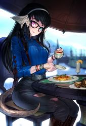 Rule 34 | 1girl, au ra, warrior of light (ff14), black hair, black nails, blue eyes, blurry, blurry background, boots, chair, cup, day, dragon girl, dragon horns, dragon tail, drink, feet out of frame, fictional persona, final fantasy, final fantasy xiv, fingernails, food, glasses, heterochromia, highres, holding, holding cup, holding saucer, horns, hyuu (sing-dog), lips, long hair, long sleeves, looking at viewer, nail polish, noodles, outdoors, pants, pasta, pink eyes, plate, sandwich, saucer, scales, shirt, sitting, smile, solo, spaghetti, suspenders, table, tail, teacup, torn clothes, torn pants