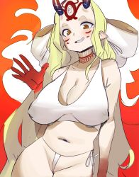 Rule 34 | 1girl, absurdres, alternate breast size, black horns, bloop, breasts, choker, cleavage, colored skin, erect nipples, facial mark, fang, fate/grand order, fate (series), forehead, forehead mark, grin, hair ribbon, highres, horns, ibaraki douji (fate), large breasts, long hair, looking at viewer, micro panties, multicolored, multicolored skin, navel, older, oni, oni horns, orange background, orange eyes, panties, pointy ears, red choker, red skin, ribbon, sagging breasts, side-tie panties, sketch, slit pupils, smile, solo, sports bra, standing, thick eyebrows, two-tone skin, underwear, very long hair, white sports bra