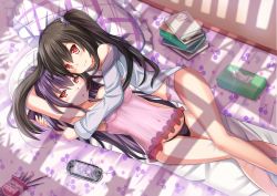 Rule 34 | 10s, 4girls, :o, arm up, armpits, babydoll, bed, black hair, black panties, blush, book, bow, bow panties, breasts, cherry, dakimakura (object), dual persona, female focus, food, from above, fruit, groin, handheld game console, heart, highres, hug, kazenokaze, long hair, long sleeves, looking at viewer, lying, medium breasts, multiple girls, navel, neptune (neptunia), neptune (series), off shoulder, on bed, on side, original, panties, pillow, playstation portable, pocky, purple hair, purple heart (neptunia), purple panties, red eyes, see-through, shirt, silhouette, smile, tissue, tissue box, twintails, underwear, very long hair, window shadow, yuri