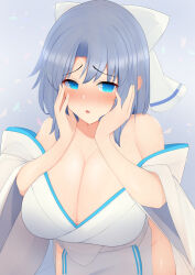 Rule 34 | 1girl, absurdres, amatukaze2000, bare shoulders, blue eyes, blush, bow, breasts, cleavage, eyebrows hidden by hair, grey hair, hair bow, hands on own cheeks, hands on own face, happy birthday, highres, japanese clothes, kimono, large breasts, looking at viewer, medium hair, off shoulder, parted bangs, senran kagura, striped, striped bow, white bow, white kimono, yumi (senran kagura)
