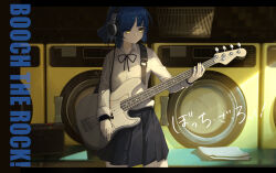 Rule 34 | 1girl, absurdres, alisi, bass guitar, black ribbon, black skirt, blue hair, bocchi the rock!, closed mouth, collared shirt, commentary, copyright name, cowboy shot, fender precision bass, headphones, highres, holding, holding instrument, instrument, laundry basket, letterboxed, long sleeves, mole, mole under eye, music, neck ribbon, playing instrument, pleated skirt, ribbon, school uniform, shirt, shirt tucked in, short hair, skirt, solo, standing, towel, translation request, washing machine, white shirt, yamada ryo, yellow eyes