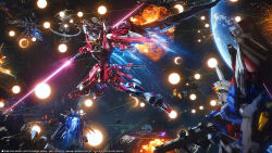 Rule 34 | arm shield, asteroid, beam rifle, beam saber, chinese commentary, commentary request, debris, destiny gundam, earth (planet), energy gun, exhaust, explosion, flying, full body, glowing, glowing eyes, green eyes, gun, gundam, gundam seed, gundam seed destiny, highres, holding, holding gun, holding sword, holding weapon, infinite justice gundam, laser, legend gundam, legs apart, lolicon (lolicon42051636), mecha, mecha focus, mechanical wings, mobile suit, no humans, photoshop (medium), planet, robot, science fiction, space, space station, sparks, star (sky), strike freedom gundam, sword, v-fin, war, weapon, wings