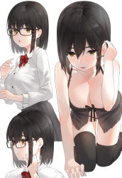 Rule 34 | 1girl, all fours, babydoll, bare arms, bare shoulders, black-framed eyewear, black hair, black panties, black thighhighs, bow, bowtie, braid, breasts, brown eyes, buttons, cleavage, collarbone, collared shirt, commentary request, dress shirt, glasses, gluteal fold, hair between eyes, tucking hair, hand up, highres, kfr, large breasts, lingerie, long sleeves, looking at viewer, multiple views, negligee, original, panties, red neckwear, school uniform, shirt, shirt tucked in, short hair, side braid, sidelocks, simple background, smile, sweat, thighhighs, thighs, underwear, underwear only, white background, white shirt