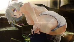 Rule 34 | 1girl, artist request, ass, bent over, breasts, character request, copyright request, female focus, game cg, panties, plant, purple eyes, silver hair, solo, source request, standing, tagme, topless, underwear, undressing, white panties