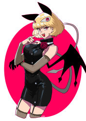 Rule 34 | 1girl, black dress, blonde hair, cowboy shot, cropped legs, dress, flower, hand up, highres, index finger raised, looking at viewer, nail polish, okada (hoooojicha), open mouth, original, red eyes, red flower, red nails, red rose, rose, short hair, sleeveless, sleeveless dress, smile, solo, tail, thighhighs, wings