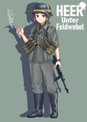 Rule 34 | 1girl, bad id, bad pixiv id, black footwear, black headwear, boots, brown hair, brown jacket, brown pants, cigarette, commentary request, german text, gun, hand up, helmet, holding, holding weapon, jacket, knee boots, long sleeves, looking at viewer, military, military uniform, original, pants, rifle, saettan (fnnt2783), short hair, short ponytail, simple background, smile, solo, standing, translated, uniform, weapon