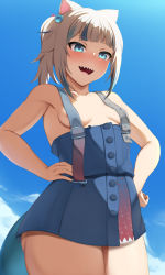 Rule 34 | 1girl, animal ears, areola slip, armpits, blue eyes, blue hair, blue sky, blunt bangs, blush, breasts, breasts apart, cat ears, cloud, cloudy sky, cowboy shot, dantes ward, female focus, fins, fish tail, gawr gura, gawr gura (casual), hands on own hips, highres, hololive, hololive english, medium hair, multicolored hair, open mouth, outdoors, overalls, ponytail, shadow, shark tail, sharp teeth, silver hair, sky, small breasts, smile, solo, streaked hair, tail, teeth, thighs, virtual youtuber