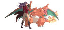 Rule 34 | 1boy, absurdres, baseball cap, boots, brown footwear, charizard, commentary request, creatures (company), dark-skinned male, dark skin, facial hair, fire, flame-tipped tail, floating hair, game freak, gen 1 pokemon, hat, highres, holding, holding clothes, holding hat, korean commentary, legs apart, leon (pokemon), long hair, long sleeves, male focus, nintendo, pants, pokemon, pokemon (creature), pokemon swsh, purple hair, redlhzz, standing, tailcoat, unworn hat, unworn headwear, yellow eyes, yellow pants